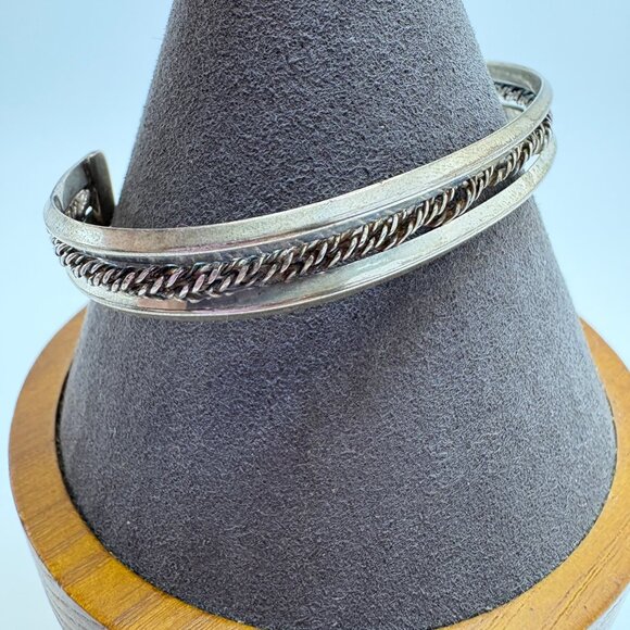 VTG Sterling Silver 925 Rope Textured Open Cuff Bangle Bracelet Size 7.5" Fit - Picture 2 of 10